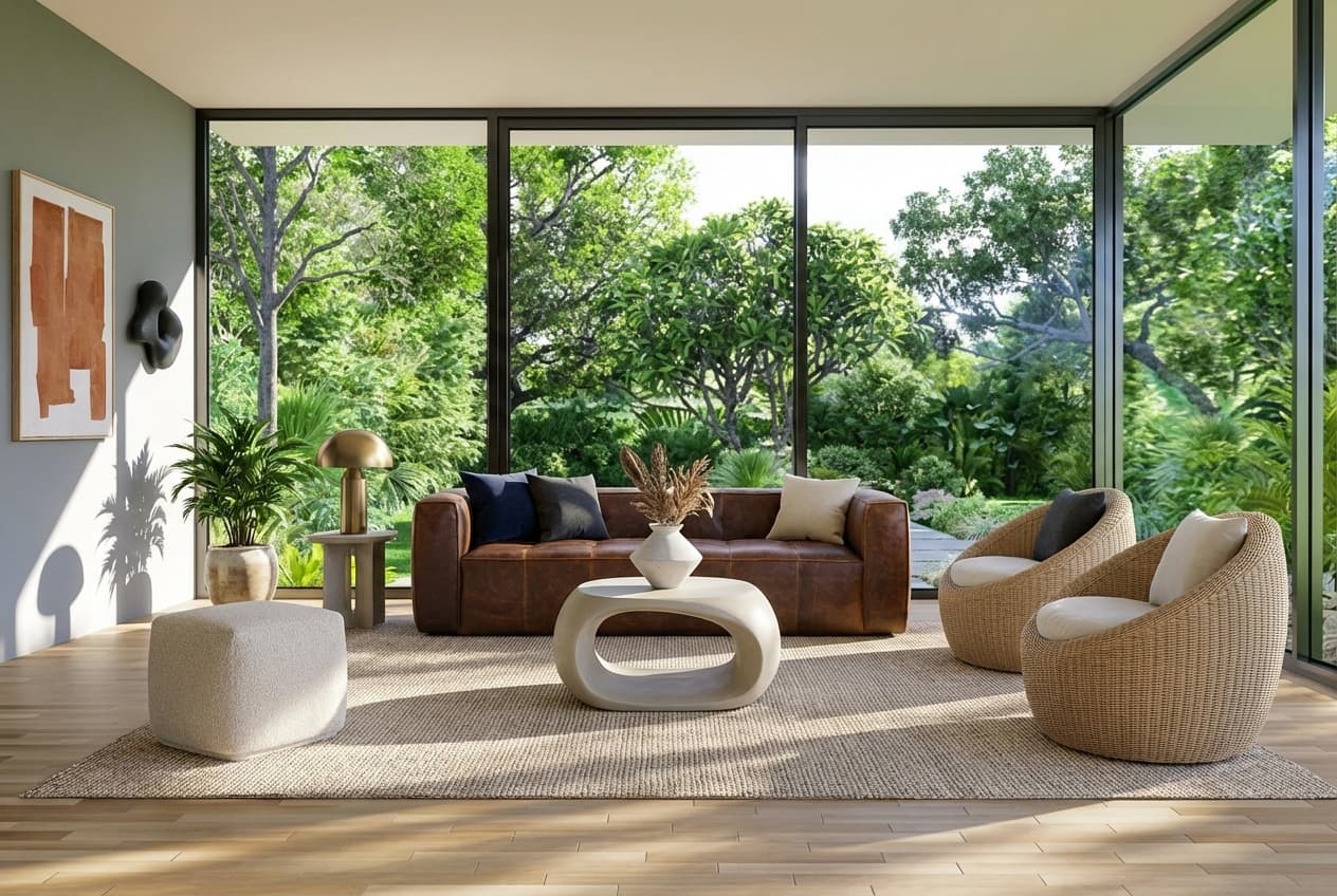 Modern living room makeover with leather sofa, rattan chairs, and sculptural coffee table - Roomellow