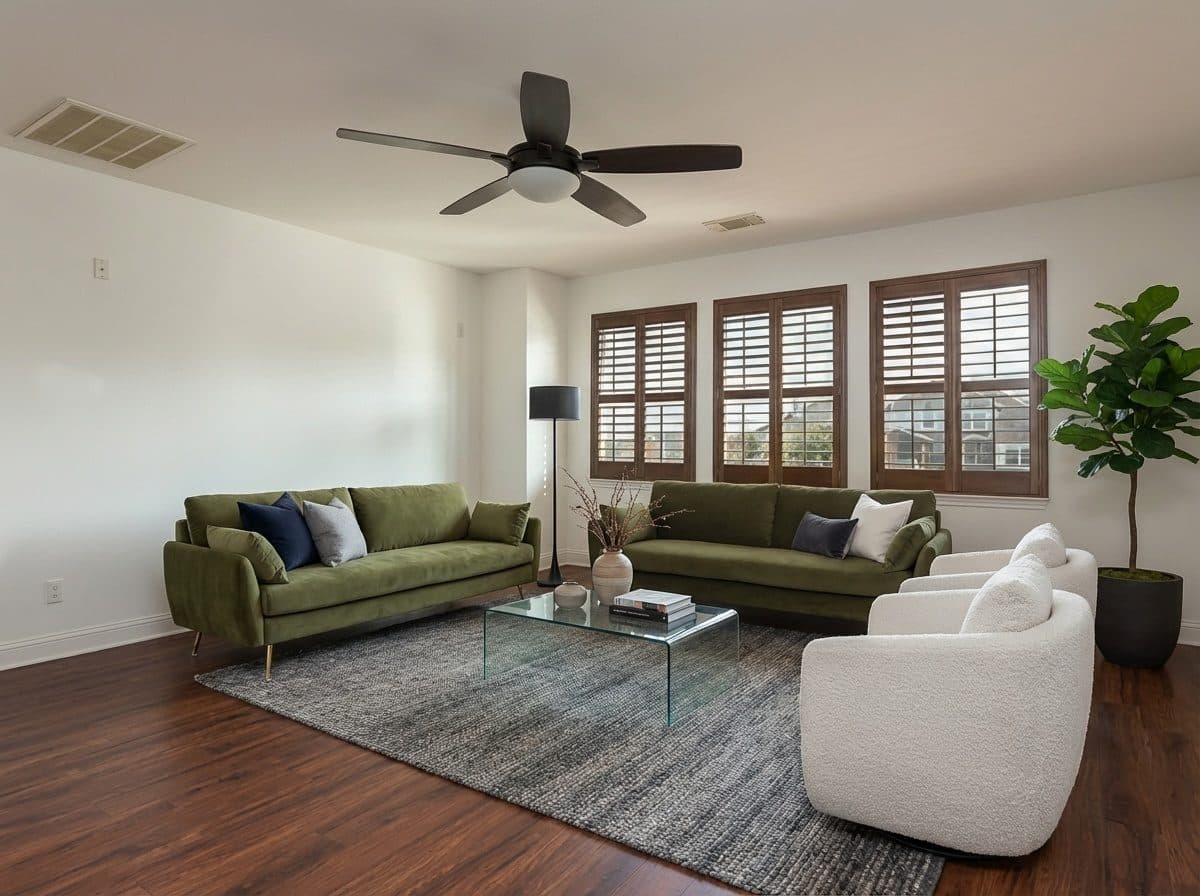 A modern living room featuring two large sofas facing each other, creating a central conversation area. Two more sofas are placed on either side, forming an L-shape with the central pair. Four swivel armchairs are strategically placed at the corners of the main seating arrangement, offering flexible additional seating. The furniture is upholstered in a light, neutral fabric, and the room is well-lit, emphasizing a spacious and inviting atmosphere.