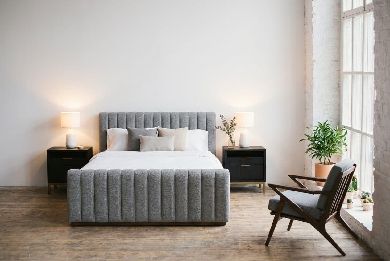 A modern bedroom featuring a plush upholstered bed, two sleek nightstands, and a cozy bouclé armchair in the corner. The room is decorated with minimalist art and soft lighting, creating a sophisticated and inviting atmosphere.