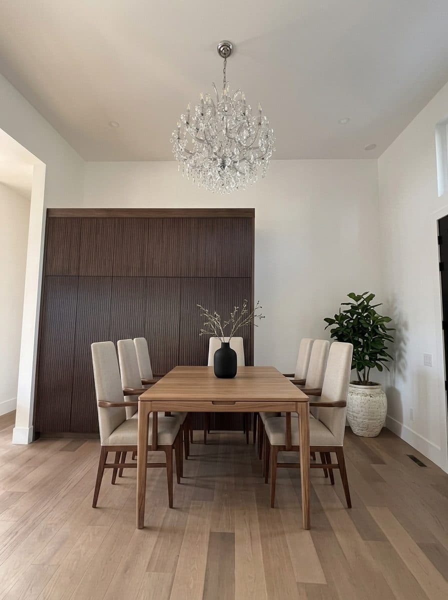 A modern dining room with a large, warm wood extension table and eight upholstered armchairs. A decorative bowl sits on the table.