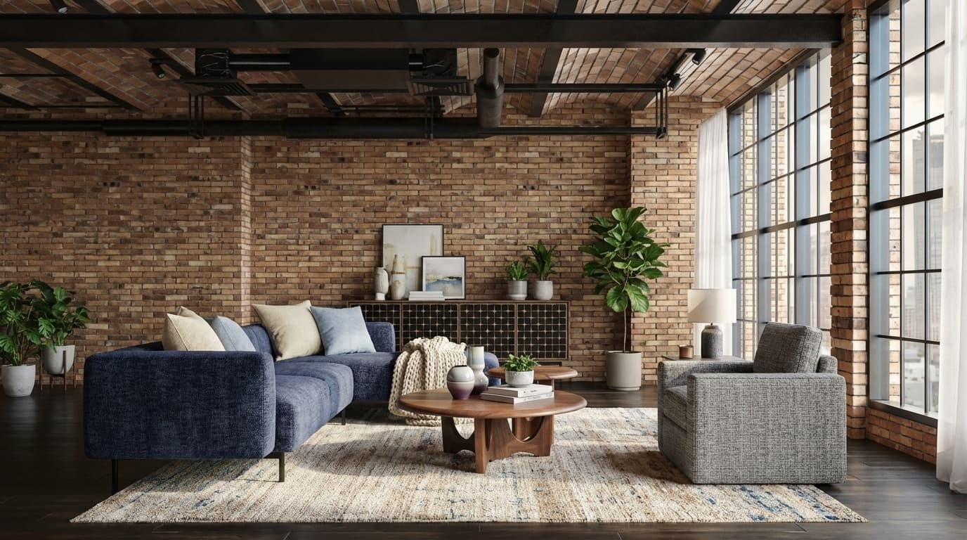 Scandinavian living room with cream sectional, walnut coffee table, leather armchair, and media cabinet