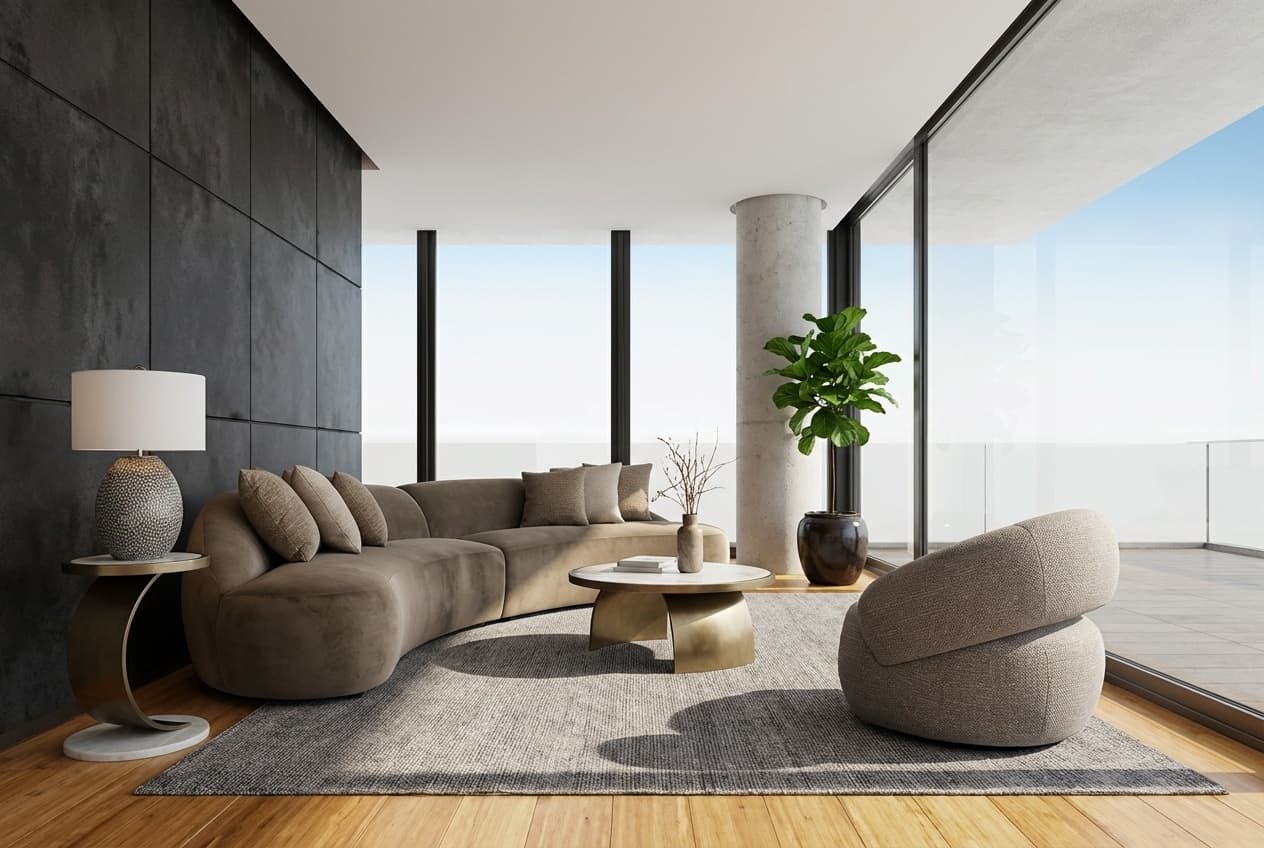 A modern living room featuring a large cream sectional sofa, a black swivel armchair, a dark wood coffee table, and a metallic table lamp, all against a clean, neutral backdrop
