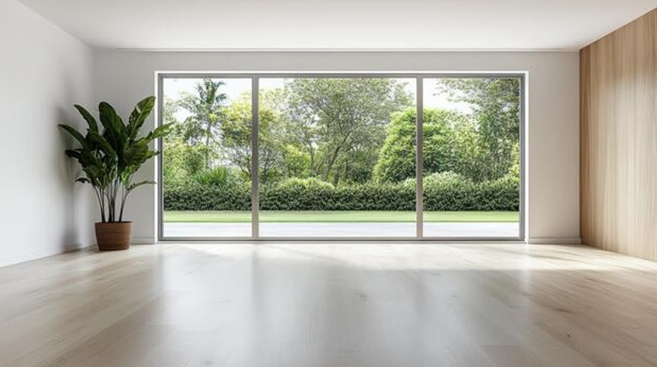 A plain, empty living room with light beige walls and a single window