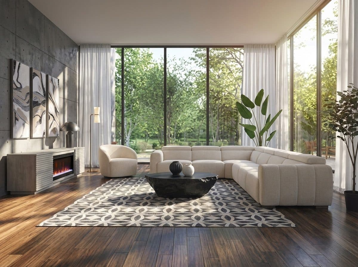 A modern living room after a makeover, showcasing a large grey sectional sofa, a concrete coffee table, an armchair, a TV stand with a fireplace, plants, and minimalist wall art.