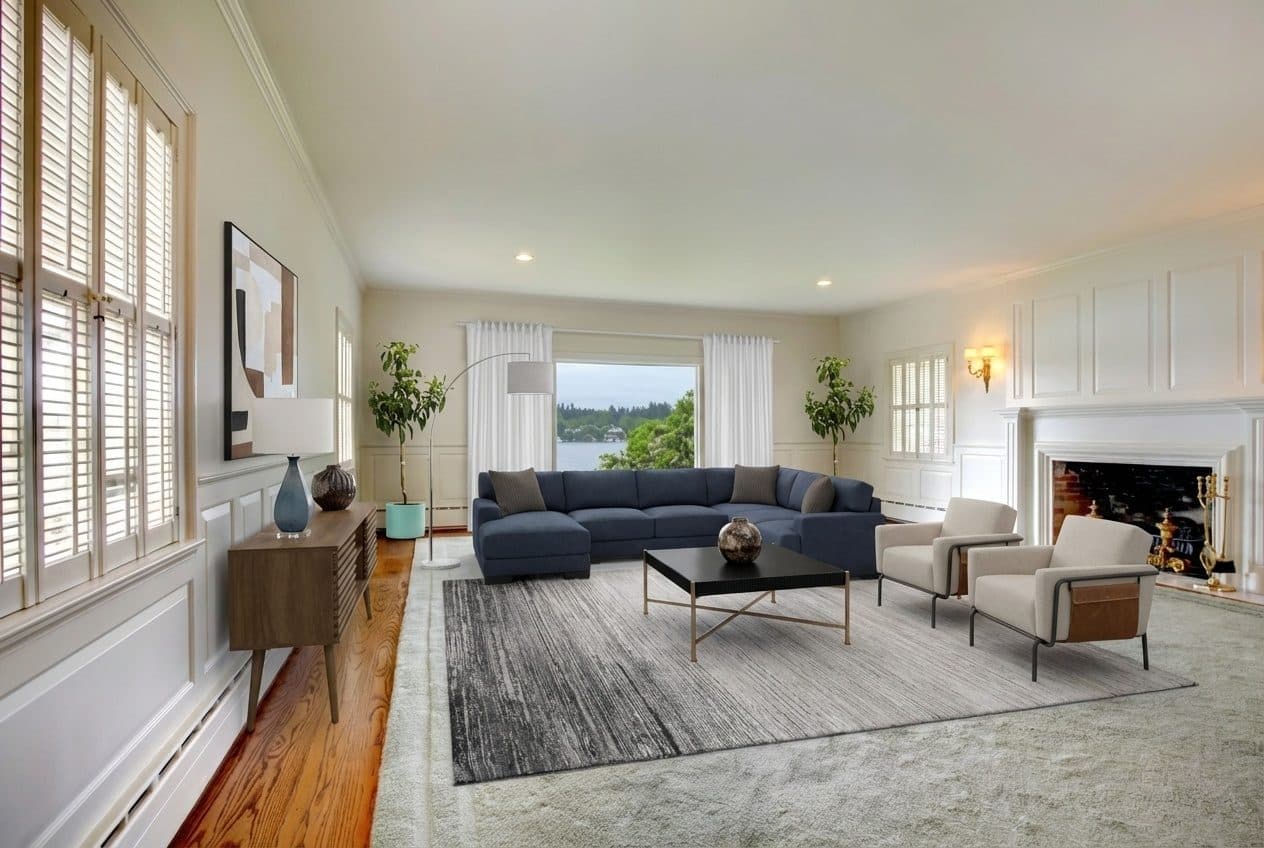 Modern Living Room: Blue Fabric & Leather, Mid-Century Look - Roomellow